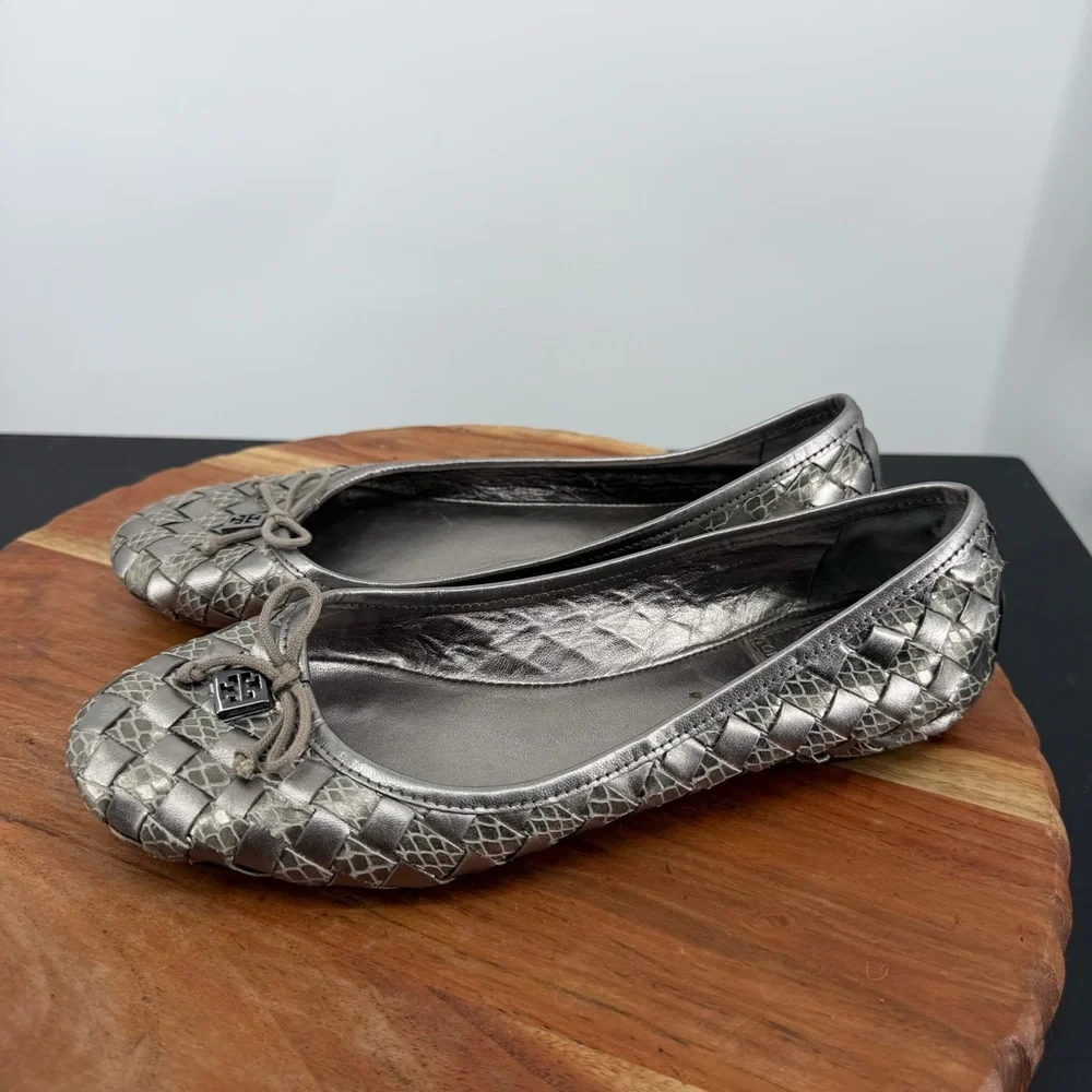 Tory Burch Woven snake Pewter‎ ballet bow Flats metallic
